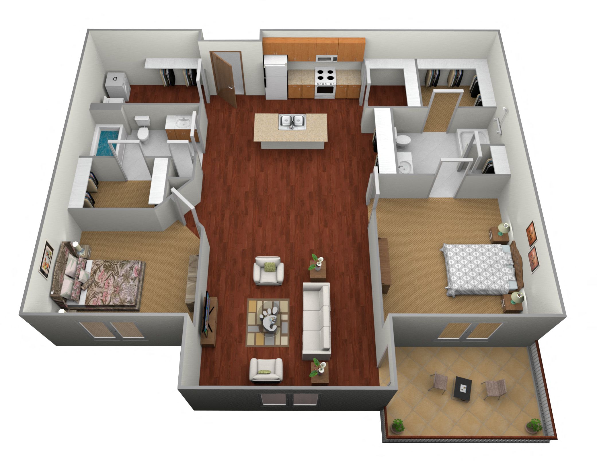 Floor plan for 2 beds, 2 baths, 1130 sqft